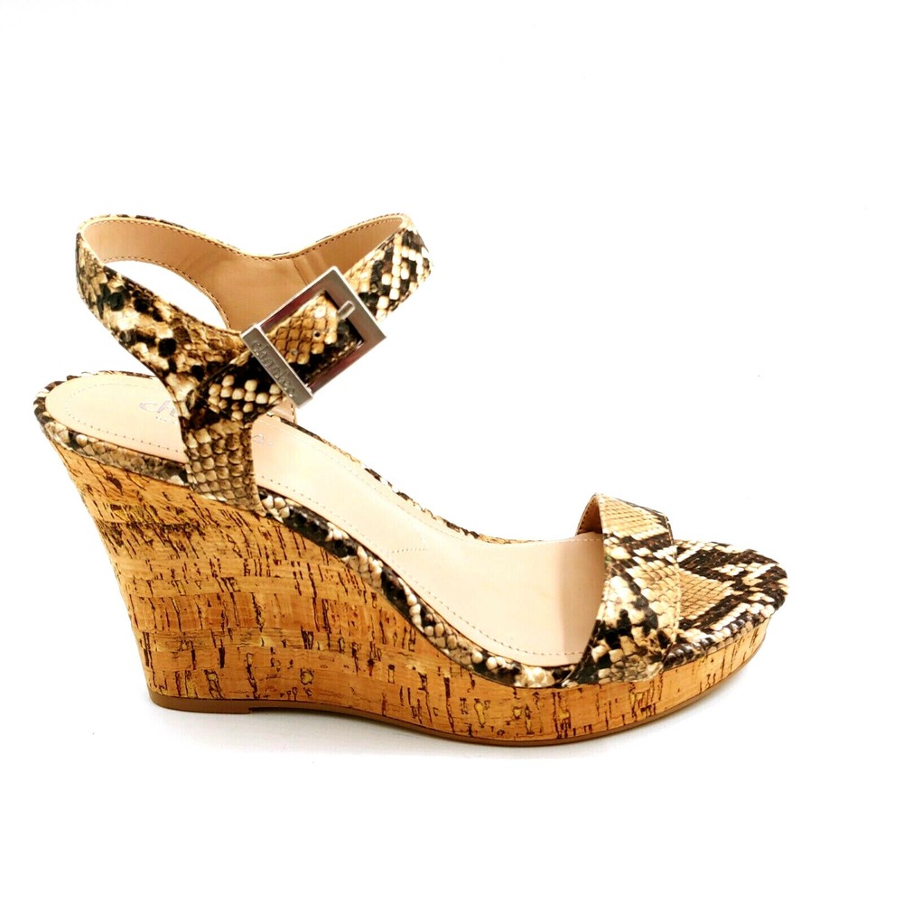 Charles David Sandals Woman Lambert Brown Snakeskin 9.5 Ankle Strap Shoe Wedge